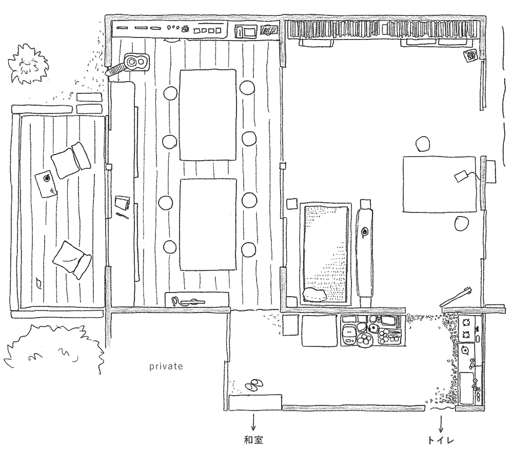 間取り図：2部屋と台所、テラス